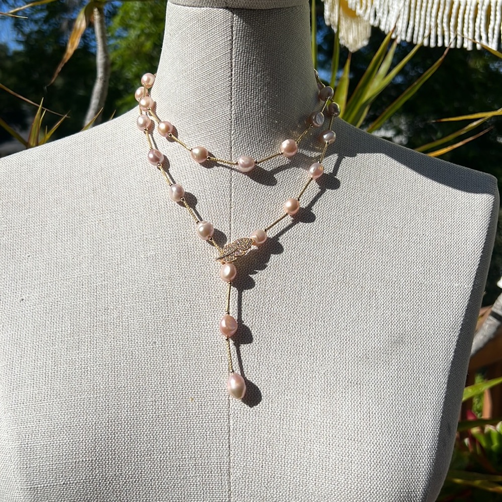SJ Fresh Water Adjustable pink Pearl Necklace 36” long